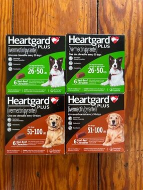 Heartgard Plus 2- 26-50 lb & 2- 51-100 lb) one year supply each